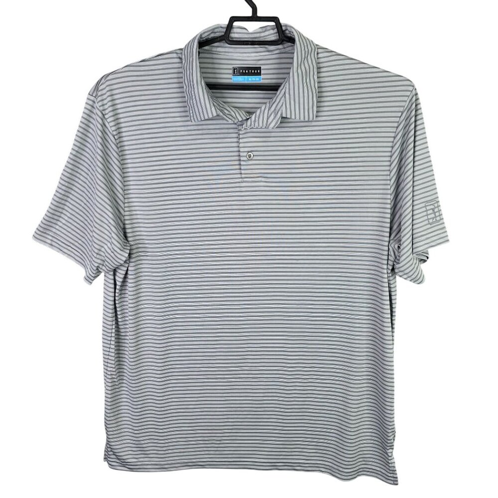Mens PGA Tour Gray Striped Polo Shirt Short Sleeve 100% Polyester Size XL